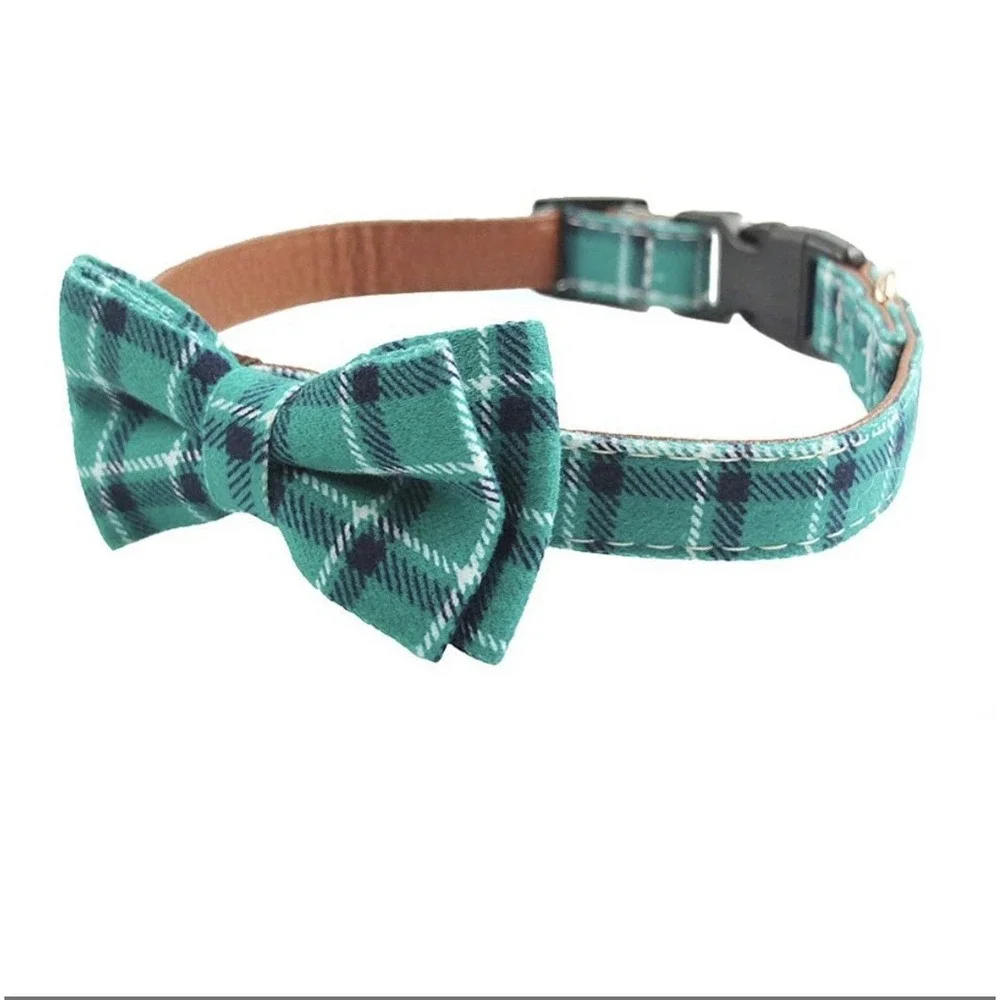 Dog‎ Collar Bow Tie - Adorable Soft Material&Leather (Cyan Plaid, M 13